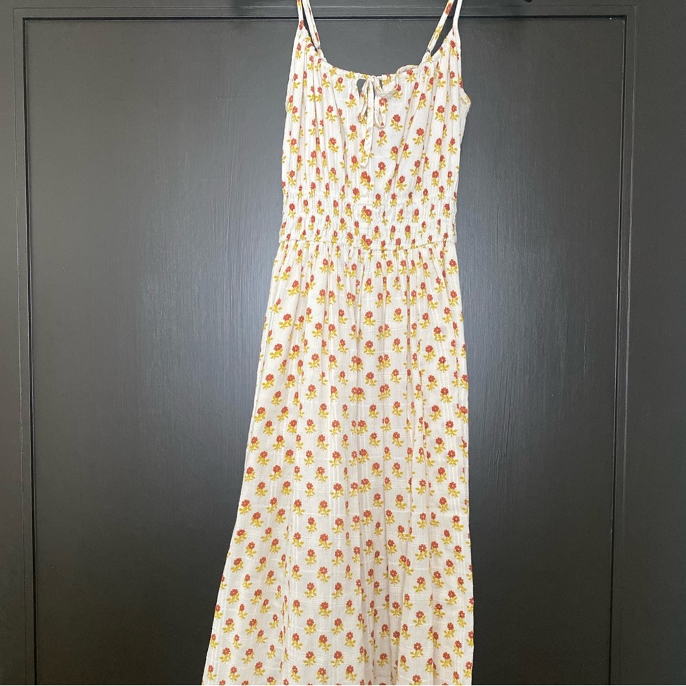 Madewell Cream Midi Dress with Red and Yellow Floral Print